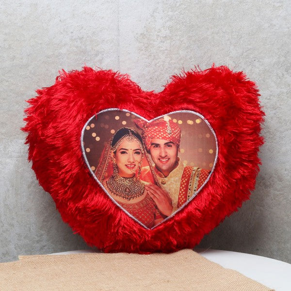 Customized Red Fur Pillow Sublimation Printed Heart Shapes with Your Photos and Messages | Red Heart Cushion | Valentine Gifts