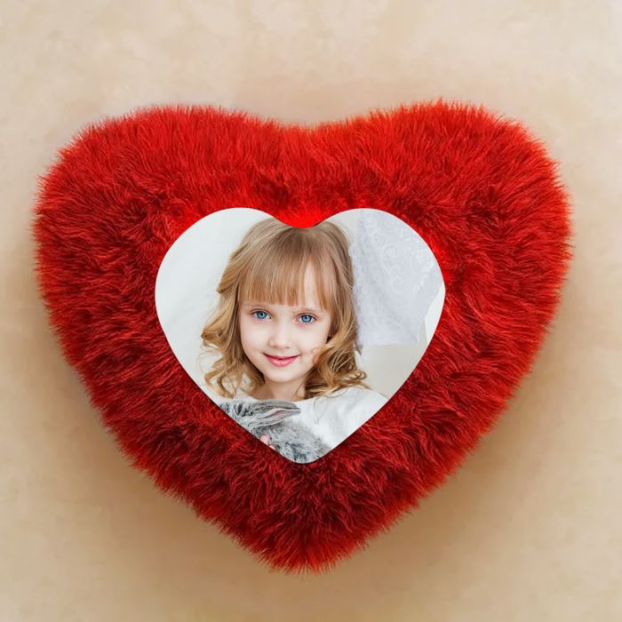 Customized Red Fur Pillow Sublimation Printed Heart Shapes with Your Photos and Messages | Red Heart Cushion | Valentine Gifts