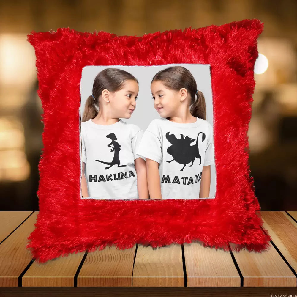 Customised Photo Cushion with Red Fur | Personalized Square Pillow with Image & Message | Gift for Couples, Kids, Friends, Parents - Birthday, Anniversary, Valentines (Square - Red Fur)