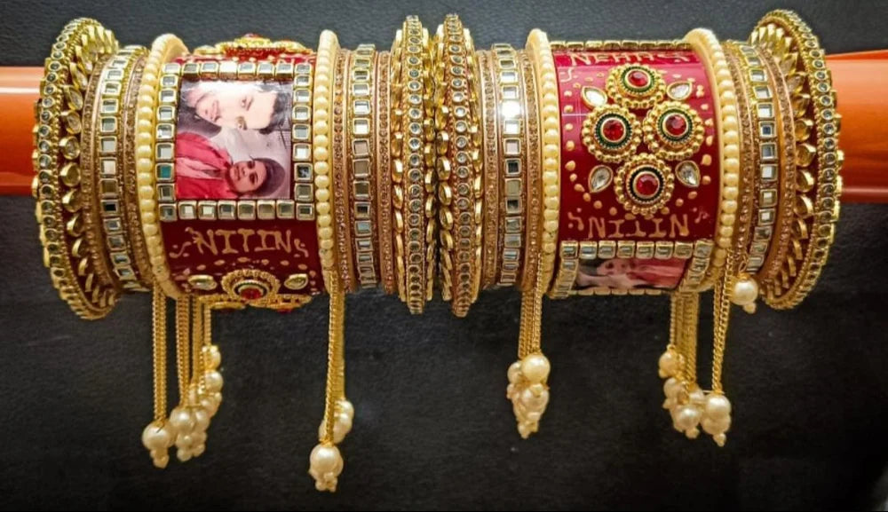 Personalized Chuda For Woman Customized Bangles Set With Names And Photo-Bangles For Brides Couple Photo And Name Bangles