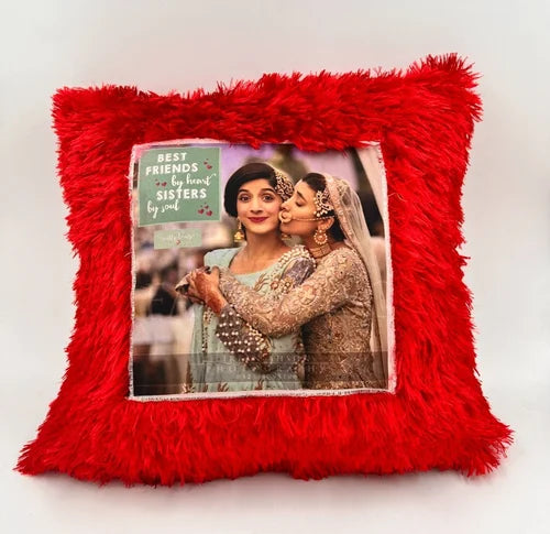 Customised Photo Cushion with Red Fur | Personalized Square Pillow with Image & Message | Gift for Couples, Kids, Friends, Parents - Birthday, Anniversary, Valentines (Square - Red Fur)
